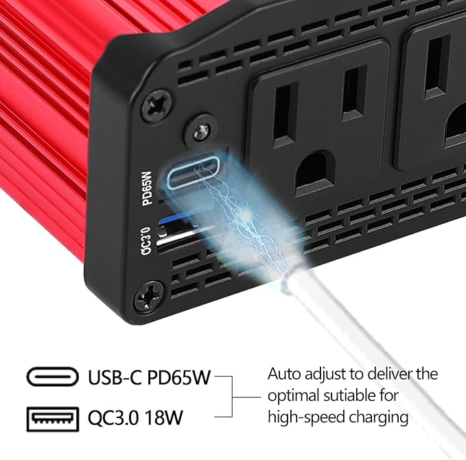 ALLWEI 300W Car Power Inverter with 65W USB-C and 3.0 USB Port - DC 12V to 110V AC Power inverters for Vehicles Converter Fast Charging Ports Car Charger Adapter (Red)