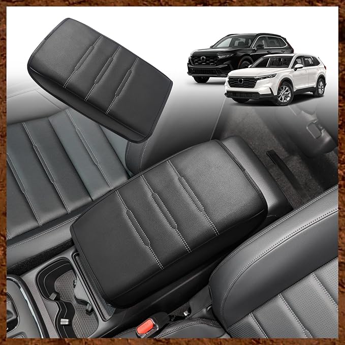 Muslogy Center Console Cover Compatible with 23 24 2025 2026 Honda CR-V Accessories CRV Hybrid LX EX EX-L Sport Touring Armrest Cover Lid Cushion Protector Vegan Leather Extra Soft(Black/White Trim)