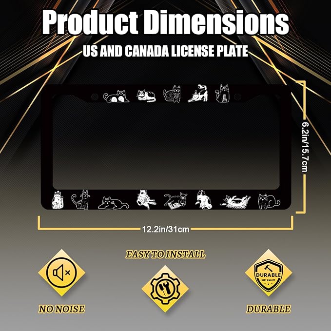 Cats License Plate Frame Cute Animal Cat License Plate Holder Stainless Steel Funny Design Compatible with Standard License Plate for USA Canada 12.3" x 6.3" with 2 Screws
