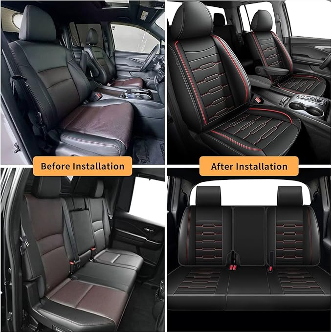 Seat Covers Fit for Honda Ridgeline 2006-2024 2025: Crew Cab 5 Seats Car Seat Covers Faux Leather Truck Pickup Seat Cushion Protector - Front Seats with Armrests(Full Set, Redline)