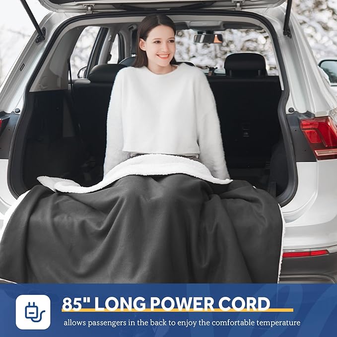 Sealy 12-Volt Heated Car Blanket with 2 USB Output Ports, 3 Heating Levels & 4 Hours Auto Off, Electric Blanket for Car, Truck, SUV, RV or Camping, Machine Washable, 59" X 43", Charcoal