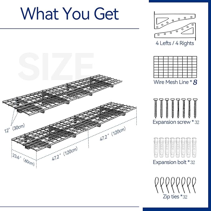 4-Pack Garage Wall Shelving, 2x4ft Walls Shelf Storage Rack, Sturdy Walls Shelves for 1200LBS, Black, Heavy Duty Shelving Wall Mounted for Garage, Kitchens, Storeroom, Basement, 47.2" x 23.6"
