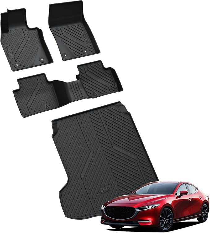 LASFIT Floor Mats & Cargo Liner Fit for Mazda 3 2025 2024 2023 2022 2021 2020 2019(Only Fits Sedan Models) All Weather TPE Floor Liners Front & Rear Row Full Set Accessories - Black