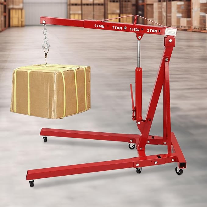 2 Ton(4409lbs) Folding Engine Hoist Heavy Duty Carbon Steel Hydraulic Shop Engine Crane Cherry Picker Shop Crane Hoist Lift with 6 Iron Caster Wheels for Car Fixing Workshop Garage (Red)