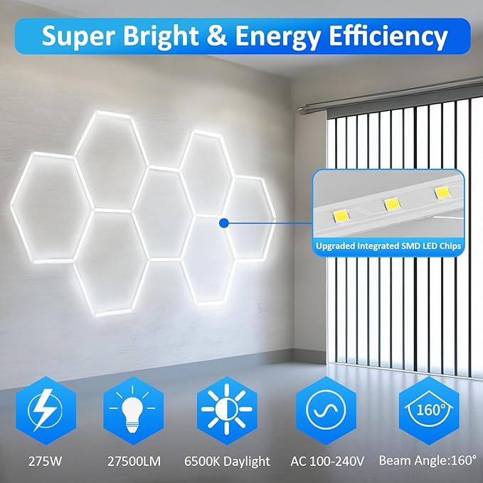 tewei Hexagon LED Garage Light, 7 Grids Hexagon Car Detailing Lighting Fixture 6500K Daylight White LED Shop Light, 275W, 27500LM Super Bright Ceiling Lights for Workshop, Warehouse, Gym, Basement