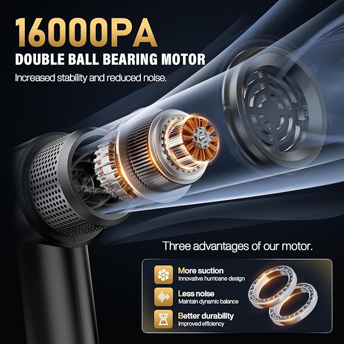 Handheld Car Vacuum Cleaner, 16000PA Car Vacuum Portable Cordless,4 in 1 Air Duster and Vacuum Cleaner with LED Light，Dual Filters, High Power Handheld Used for Home, Pet, Office
