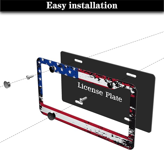 License Plate Cover Multicolor License Plate Frames Patriotic USA American Flag Aluminum Metal Car Accessory 2 Pack with Screw Covers Set
