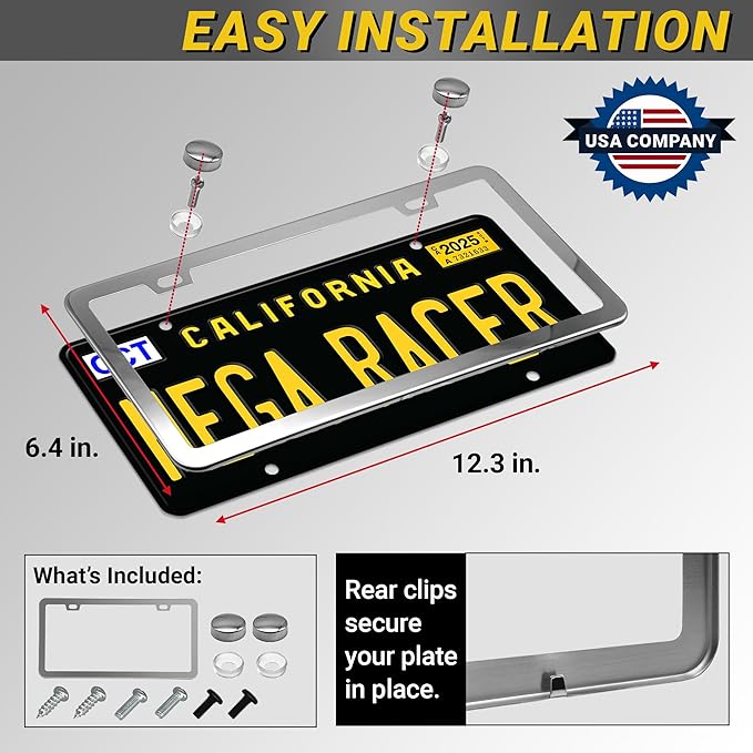 Premium Slim Polished Mirror Chrome License Plate Frame – 1 Pack, Rust-Free Stainless Steel & Rattle-Free, Street Legal Universal Fit with Screw Covers, Thin Silver Metal Front or Rear Car Tag Holder