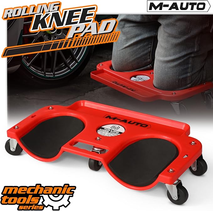 M-AUTO Rolling Knee Creeper Durable Knee Pads with Full 360 Degree Turn Casters and Tool Tray, Garage Kneeling Pads on Swivel Castors for Home Workshop Auto Repairing Maintaining, Red