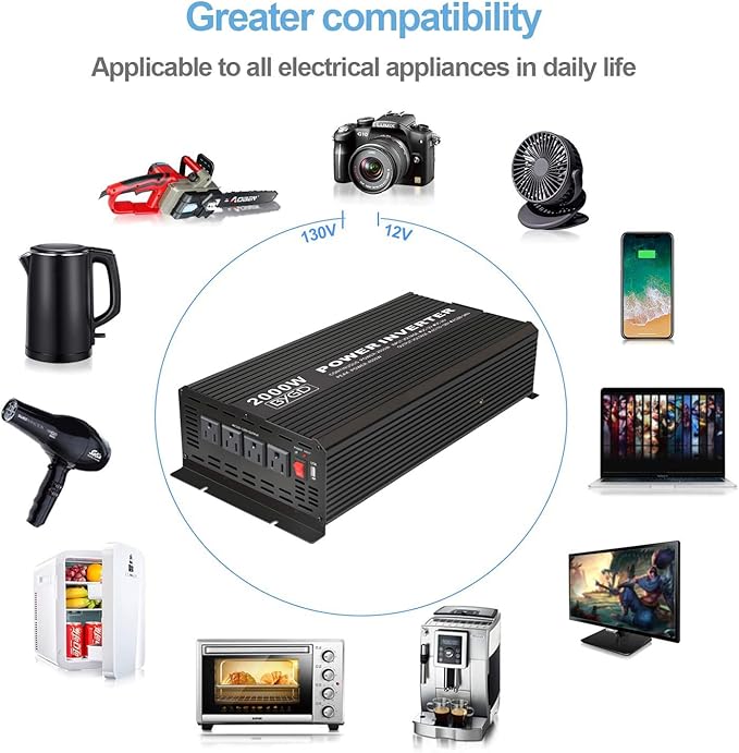 BYGD 2000W Power Inverter 12V DC to 110V AC Inverter Converter with 4 AC Outlets Dual 2.1A USB Ports for Home, RV, Boat, Truck, Off-Grid Solar System