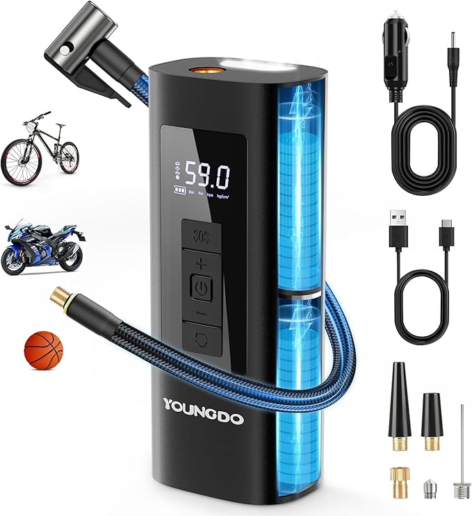 YOUNGDO Tire Inflator Portable Air Compressor, 150 PSI & 6000mAh, Tire Inflator with Pressure Gauge, Quick Inflation for Car,Motorcycle,Bike,Balls, Rechargeable Via USB-C as Torch and Power Bank
