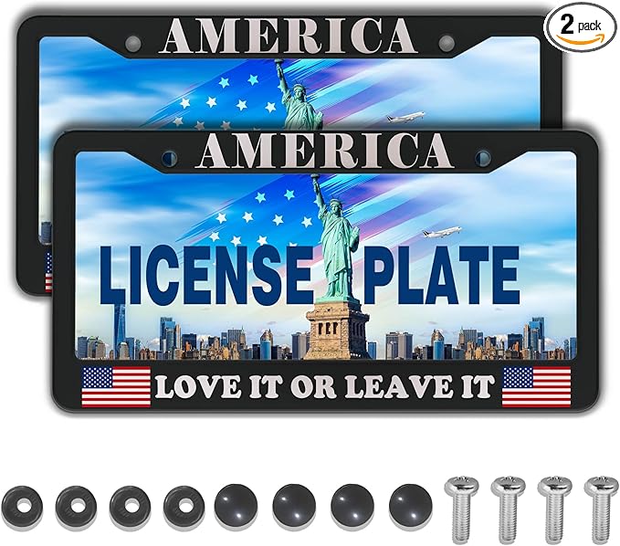 License Plate Frames Black and White License Plate Frame America Love It or Leave It USA Flag Aluminum Metal Car Accessory 2 Pack with Screw Covers Set