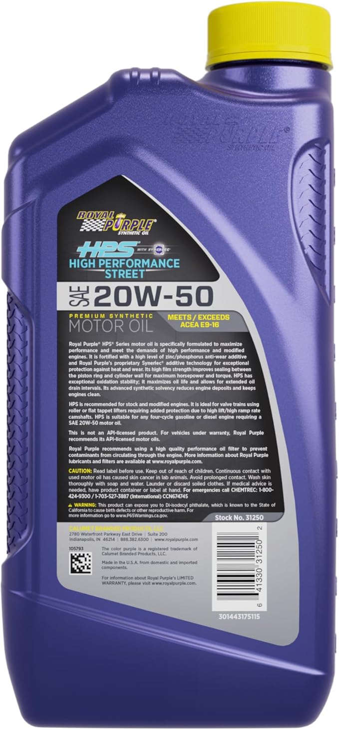 Royal Purple Motor Oil, HPS High Performance Street, High Zinc, 20W50, Synthetic, 1 qt Bottle, Each