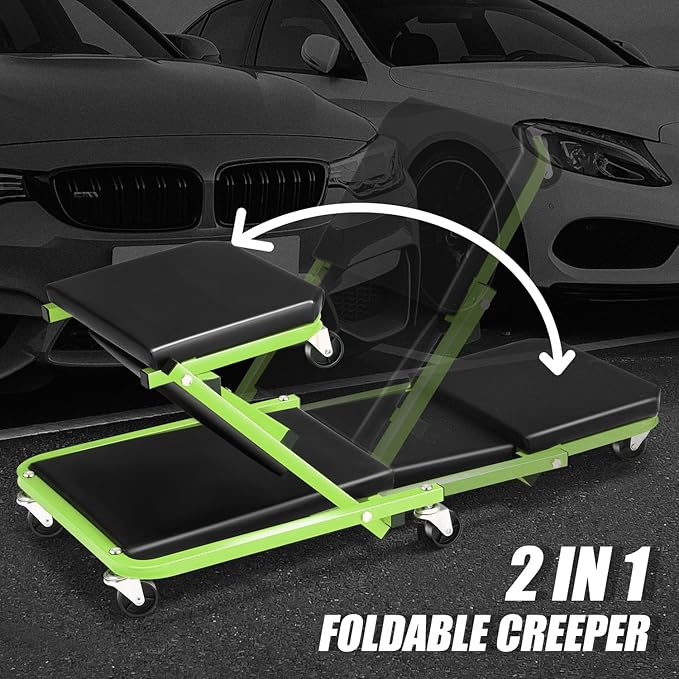 DNA MOTORING 36 Inches 2 IN 1 Rolling Folding Car Creeper/Seat, 6 Pcs 2" Casters, 150kg Weight Capacity, Green, TOOLS-00185-GR