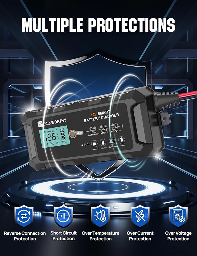 ECO-WORTHY 10A Lifepo4 Battery Charger 12V, Smart Car Battery Charger Automotive Battery Maintainer, Trickle Charger and Desulfator for Lead Acid Motorcycle Marine Boat