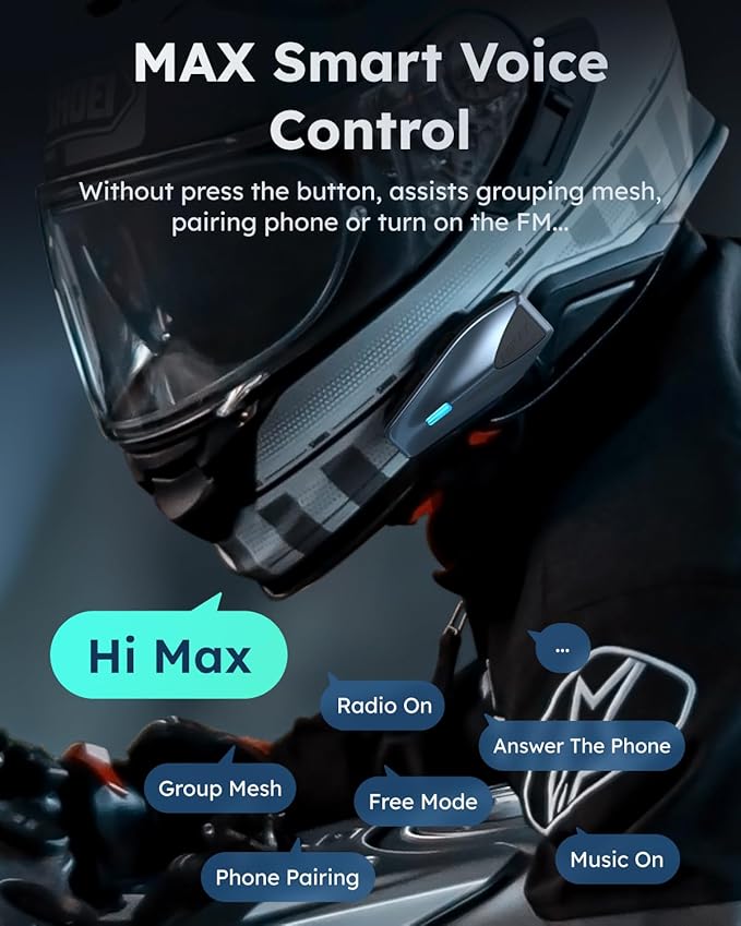 S1 Motorcycle Bluetooth Headset with 3 Intercom Modes, 8-Rider Mesh Communication, AI Voice, FM Radio, Auto Volume, Waterproof, Fast Charging for Helmet/ATV/UTV/Snowmobile, 2 Pack(Blue)