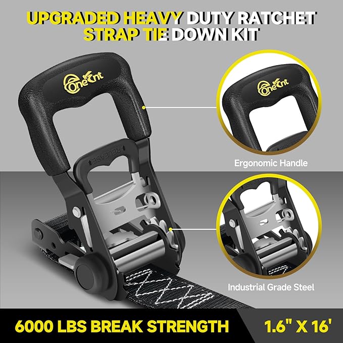 4Pcs 1.6”x16ft Heavy Duty Ratchet Straps with Padded Handles+Coated S Hooks+Soft Loop Tie-Downs-6000 Pound Break Strength for Ratchet Strap Tie Down Kit