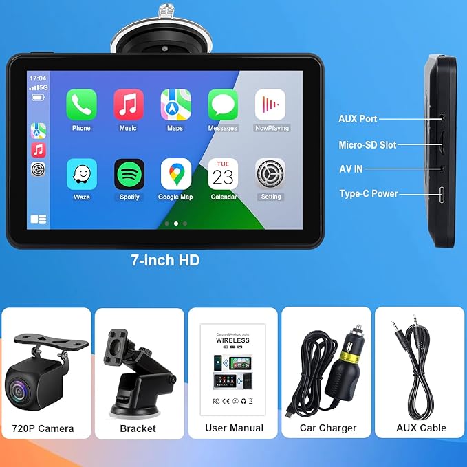 Compatible Wireless Apple CarPlay Android Auto Car Screen, 720P Back Camera 7″ Touch Screen Car Music Video Player Portable GPS Naivgation Bluetooth Mirror Link, Siri, AirPlay, Voice Assistant