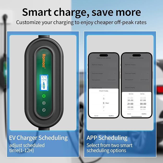 Romaa Level 2 EV Charger Portable Level 2 with 40A, 240V, NEMA 14-50, 25ft Cable, J1772 Charger, Adjustable Current, Delay Timer, EV Chargers for Home Level 2, App Control, FCC & ETL Certified