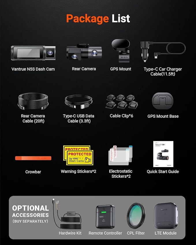 Vantrue N5S 4 Channel 360 Degree WiFi Dash Cam, STARVIS 2, IR Night Vision, 2.7K+1080P*2+1440P Front Rear Inside Dashcam, Voice Control, GPS, 24 Hours Parking Mode, LTE Support, Support 1TB Max