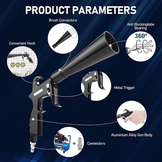 Tornado Car Cleaning Air Blow Gun – High Pressure Interior Detailing Tool with 360° Swivel Nozzle, Pneumatic Dust Blower for Auto Carpet Seats Dashboard Console Cleaning.