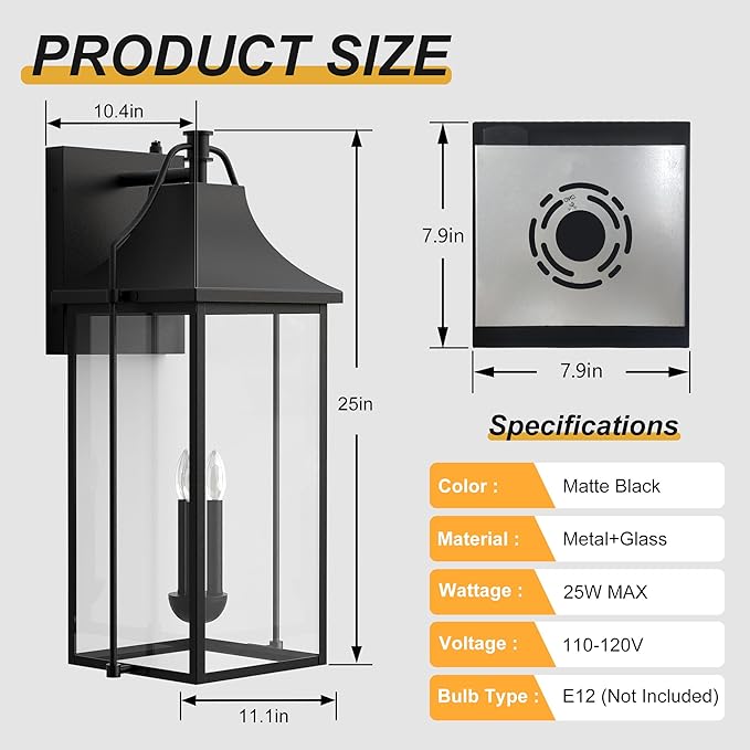 𝟐𝟓-𝐈𝐍𝐂𝐇 Dusk to Dawn Outdoor Wall Light, Large Size Waterproof Patio Lanterns, 3-Light Exterior Wall Mount Lantern Sconce with Glass, Black Wall Sconces for House Garage Front Door