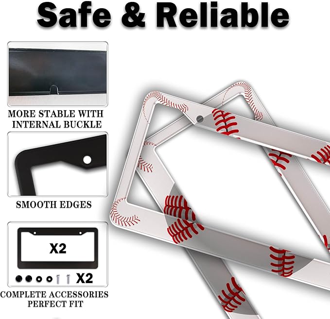License Plate Frames for Men Red and White License Plate Cover for Women Baseball Texture Aluminum Metal Car Accessory 2 Pack with Screw Covers Set