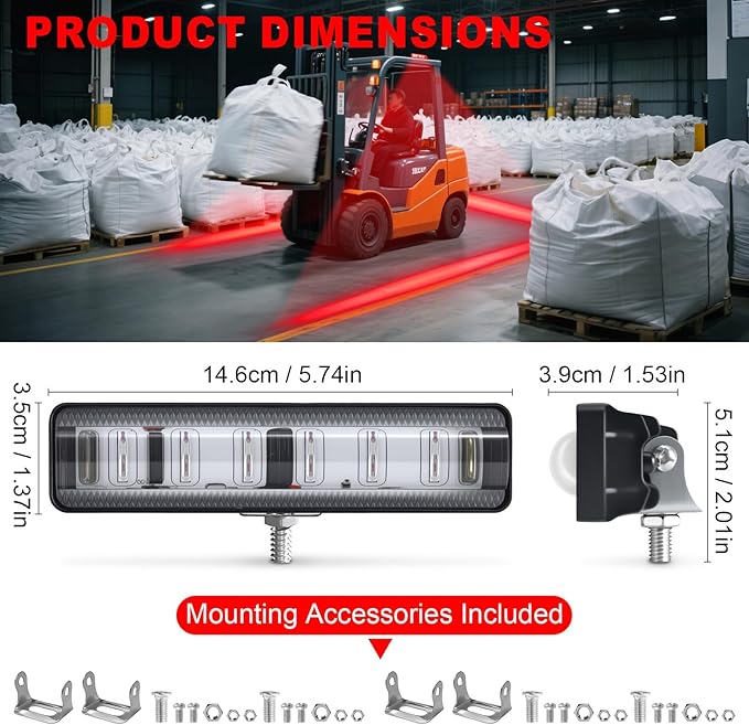LED Forklift Safety Light Red for AGV Automated Guided Vehicle, Forklift Truck, Industrial Lift, Warehouse Safety, IP67 Waterproof, Aluminum Housing (4PCS)
