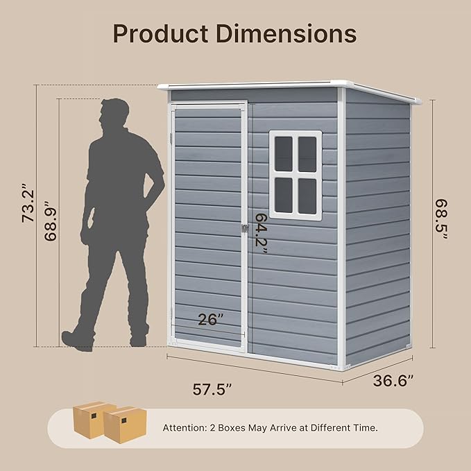 Gizoon 5x3 FT Outdoor Storage Shed with Lockable Door, Resin Weatherproof Plastic Garden Shed with Floor & Ventilation, Backyard Shed for Patio, Lawn Tools, Bike, and Toys