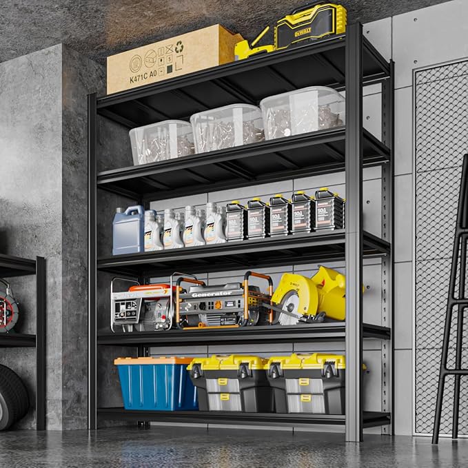 5 Tier Metal Shelving Unit 84" H x 48" W x 24" D, 3000LBS Adjustable Storage Shelves, Heavy Duty Garage Shelves for Warehouse, Basement, Kitchen, Pantry, Living Room, Black