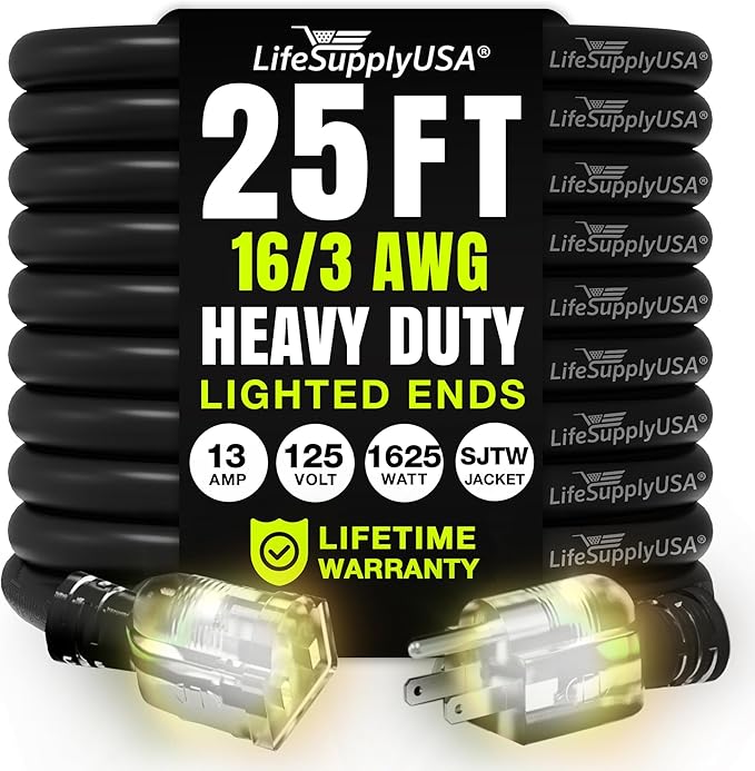 25ft Outdoor/Indoor Extension Cord 16/3 Gauge Heavy Duty 3 Prong SJTW, Waterproof, Flexible Cold-Resistant Long Power Cord,13A 125V 1625W, Black by LifeSupplyUSA