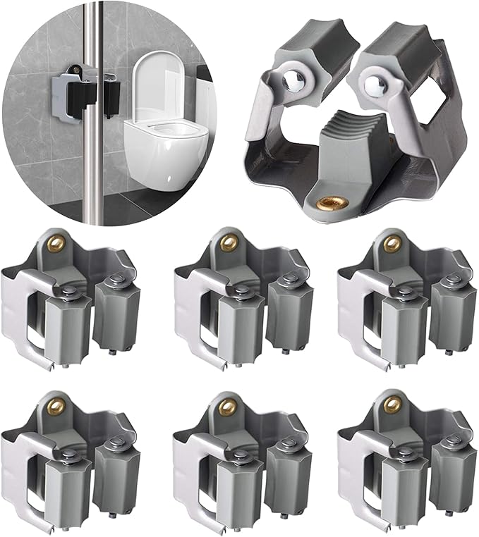 3-H Mop and Broom Holder Wall Mount 6 Pack, Broom Holder for Garage Garden Shed Storage System Laundry Room Home Kitchen Organization up to 1.45 Inch(grey)