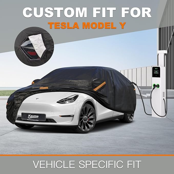 Kayme 7 Layers Car Cover Custom Fit for Tesla Model Y, Waterproof All Weather for Automobiles, Outdoor Full Car Cover Sun Rain UV Snow Protection.Black