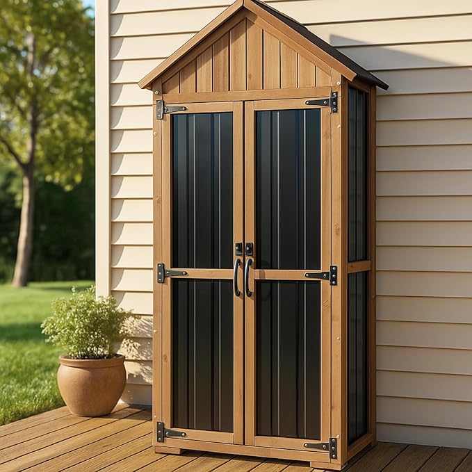 Outdoor Storage Cabinet – Weatherproof Wood & Metal Storage Shed with Adjustable Shelf, Lockable Doors, and Stability Features for Garden, Patio, and Backyard, 27 1/2”x 13”x 67” (Brown+Black)