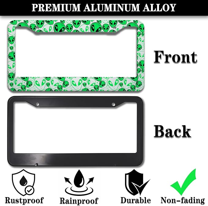 License Plate Covers for Men Green License Plate Frames for Women Alien Universal Aluminum Car Accessory 2 Pack with Screw Covers Set