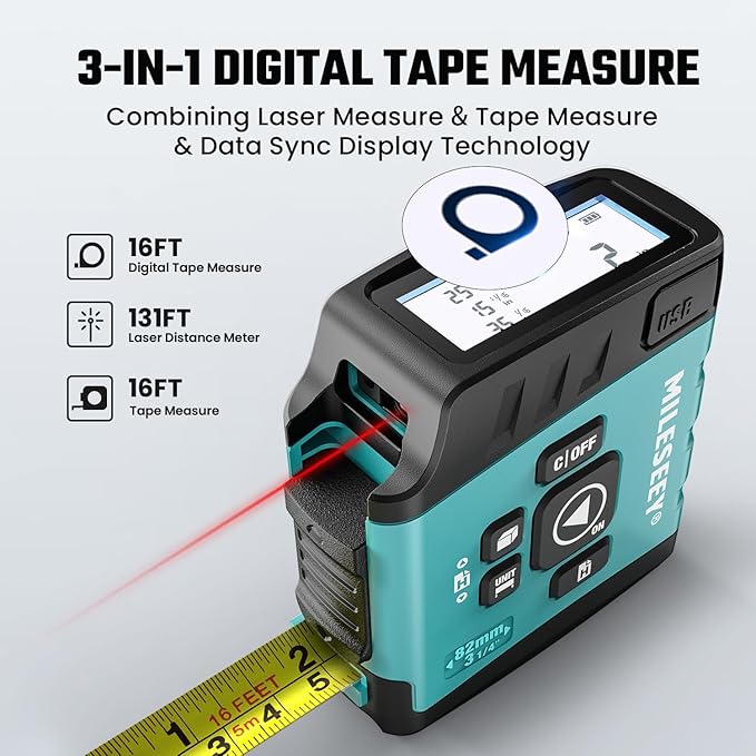 MiLESEEY DT20 Laser Tape Measure 3-in-1, 130FT Laser Distance Meter, 16FT Digital Tape Measure, Regular Tape Measure, Area Volume Measuring Pythagorean Mode, Waterproof and Rechargeable