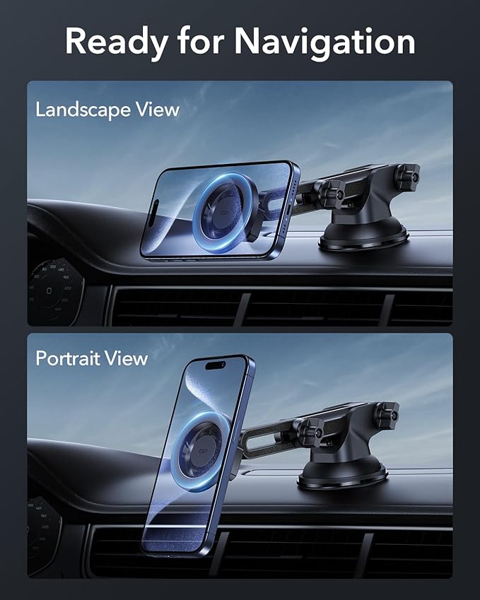 ESR Dashboard Magnetic Phone Holder for Car, for MagSafe Car Mount, Windshield Vacuum Car Mount for iPhone 16/16e/15/14/13/12, Samsung, Car Accessories, Charging Not Supported,2 Metal Rings Included