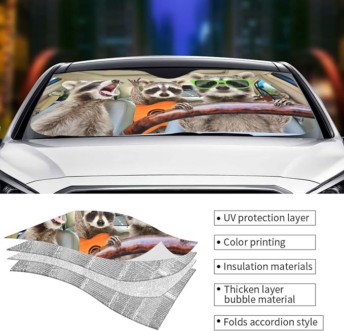 Raccoon Driving Car Windshield Sunshade Front Window Sun Visor Protector Foldable Shield Cover for Truck SUV
