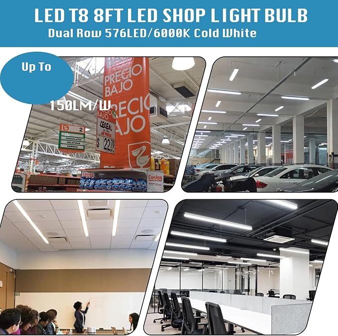 25-Pack, 8 Foot LED Bulbs, 100W 15000lm 6000K Cold White, Super Bright, T8 T10 T12 LED Tube Lights, FA8 Single Pin LED Lights, Frosted Cover, 8 Foot LED Bulbs to Replace Fluorescent Light Bulbs