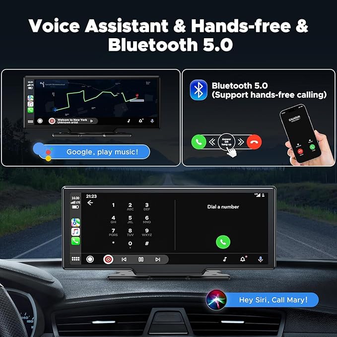 LAMTTO 9.26" Wireless Carplay and Android Auto with 2.5K Dash Cam, 1080P Backup Camera, Portable Touchscreen GPS Navigation for Car, Car Stereo Receiver with Bluetooth,AirPlay,AUX,FM,Googel,Siri
