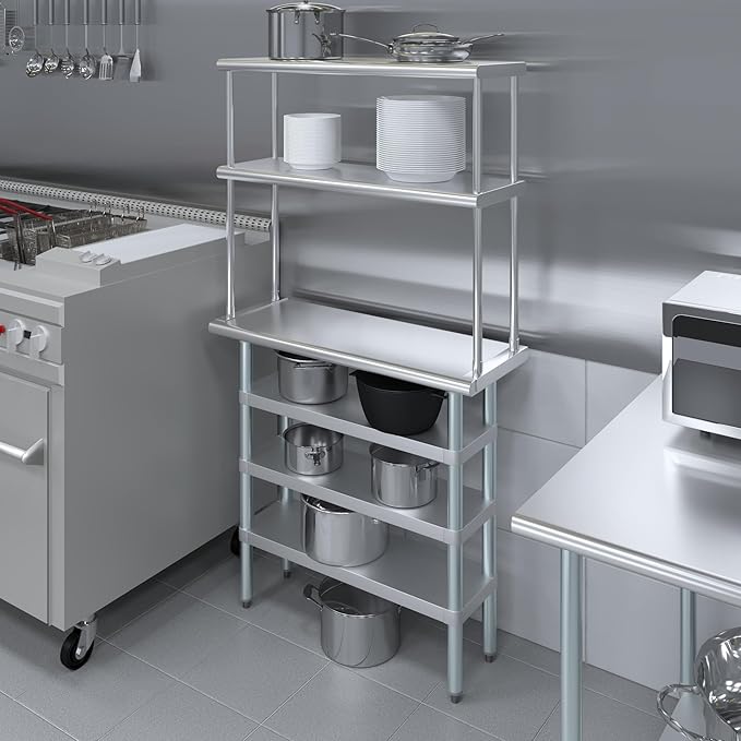 Amgood 14" x 36" Stainless Steel Work Table with 3 Shelves and 12" Wide Double Tier Overshelf | Metal Kitchen Prep Table & Shelving Combo | NSF