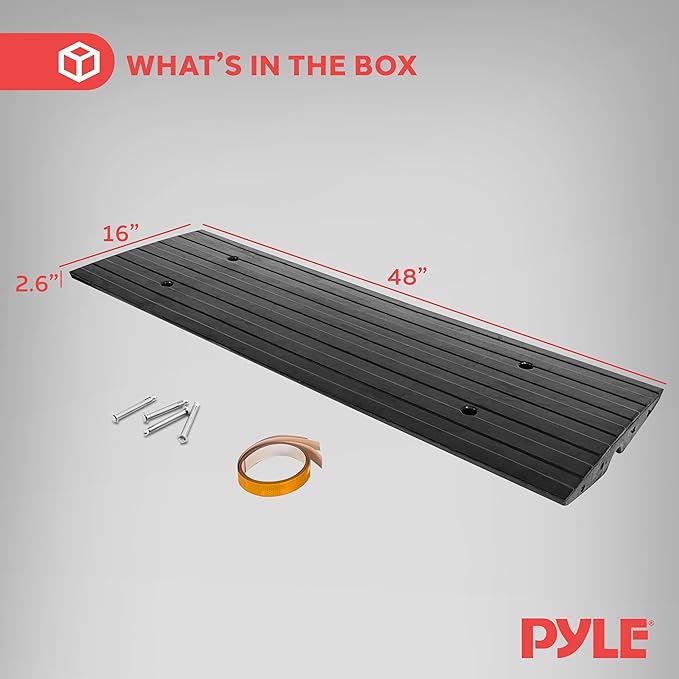 Pyle 4 ft. Rubber Curb Ramp, Non-Slip Threshold Single Ramp for Driveways & Sidewalks, Marine Grade Waterproof, Yellow Reflective Strips, Expansion Screws Included, 48.0’’x 16.0’’ x 2.6’’ Inch