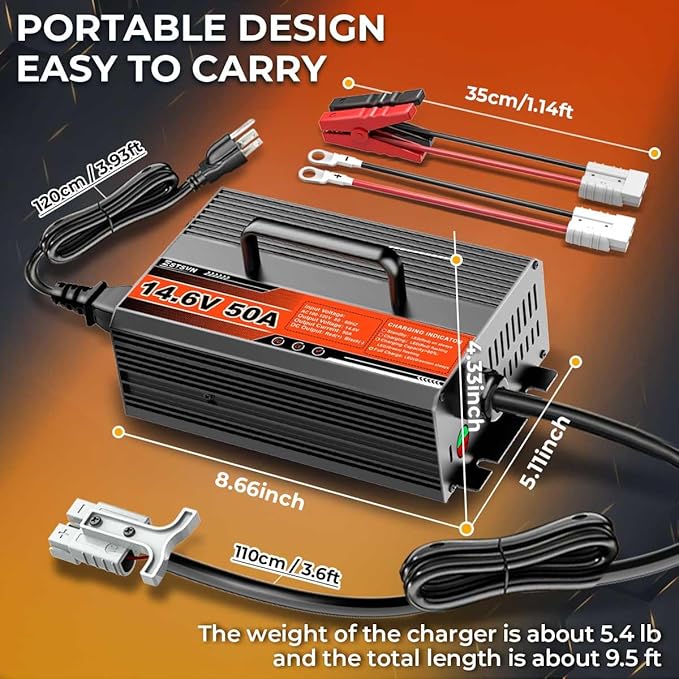 50A 14.6V LiFePO4 Battery Charger 12V Lithium Battery Smart Charger Fast Charging with Anderson Connector AC-DC Trickle Charger for Deep Cycle Rechargeable Batteries of RV Boat Car Marine