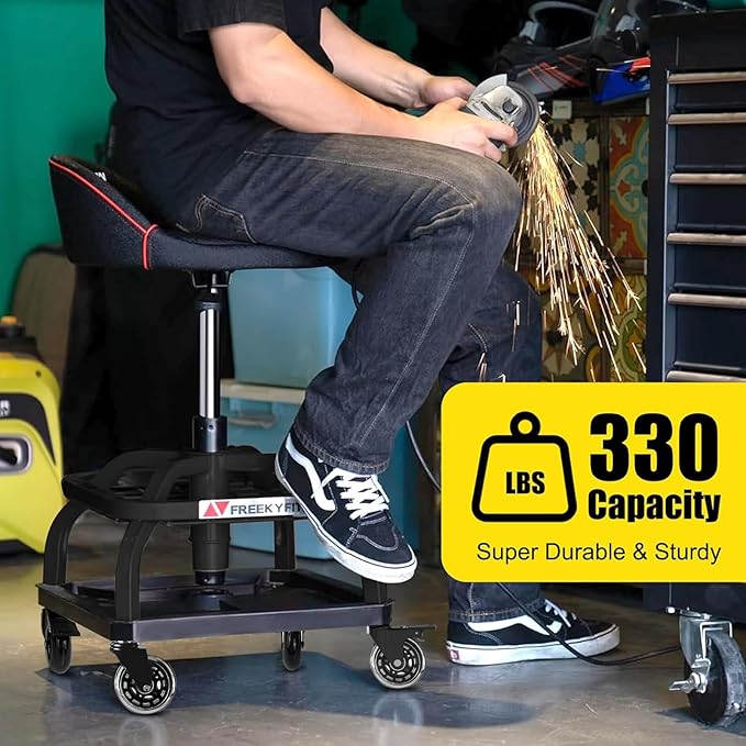 Rolling Shop Stool with Wheels, Garage Work Mechanic Stool with Backrest, Roller Mechanic Chair, Adjustable Height, 360° Swivel, Tool Tray Storage, 330 LBS Capacity, Heavy Duty, Black