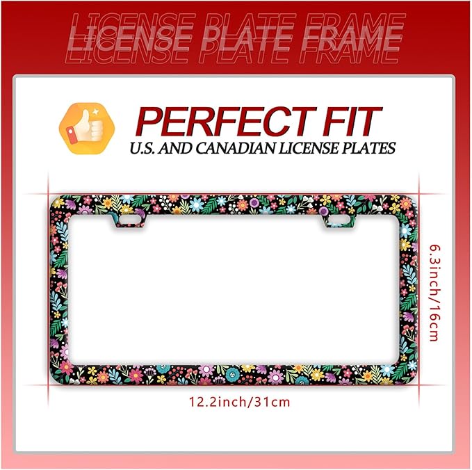 Colorful Flowers License Plate Frame Funny Floral License Plate Frames Stainless Steel Accessories Cars Decor with 2 Holes and Screws Fits Standard Us Ca Vehicles License Plate Holder 12.2 X 6 Inch