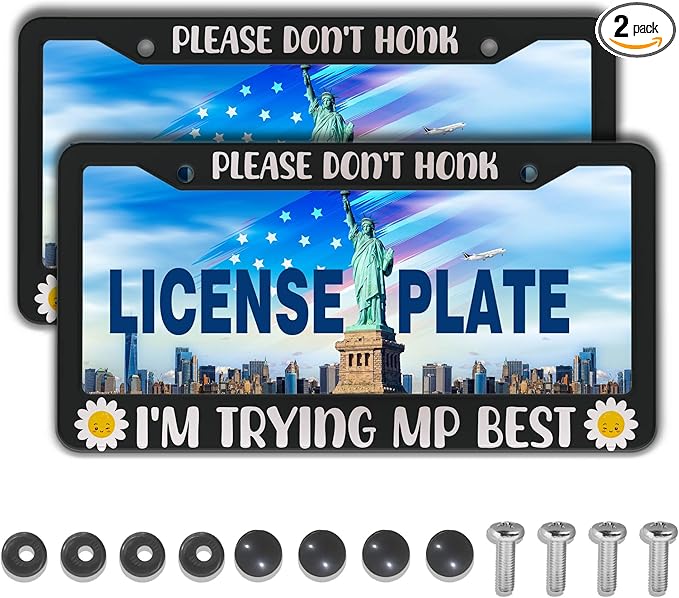 License Plate Cover Black and White License Plate Frames Please Don’t Honk I'm Trying My Best Aluminum Metal Car Accessory 2 Pack with Screw Covers Set