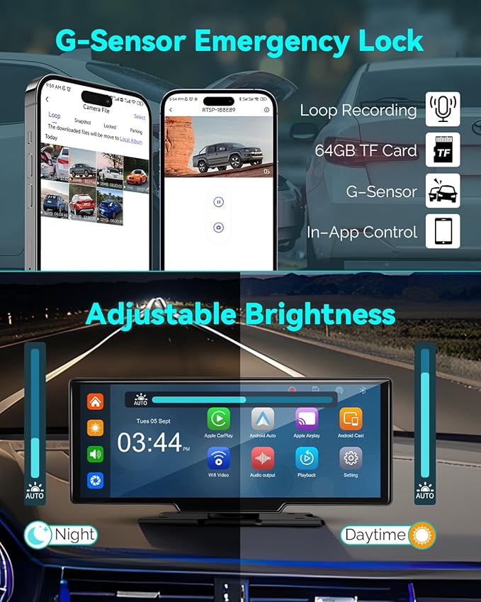 Wireless Carplay Screen for Car, 10.26" Android Auto Screen Compatible with A-pple Carplay, 4K Front & 1080P Rear Cameras Loop Recording, FM, AUX, BT, MirrorLink, Voice Control, Navigation for iOS 10+
