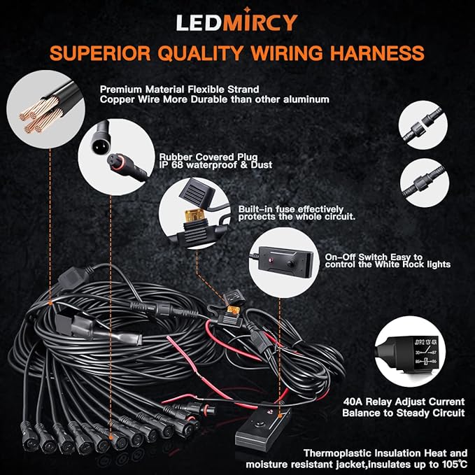 R3 White LED Rock Lights Kit 12PCS with Switch Wire Harness for ATV UTV SUV Off Road RZR Trucks Underglow Pure White Lights Trail Rig Lights Under Body High Power Waterproof Shockproof Light