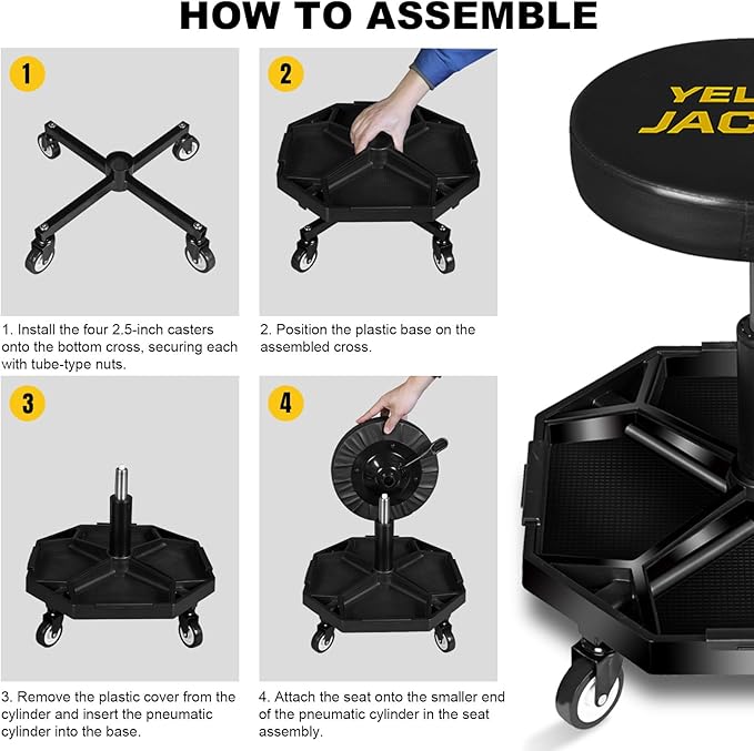 YELLOW JACKET Rolling Garage Seat Adjustable Pneumatic Shop Creeper Seat 300Lbs Mechanic Stool with Wheels and Removable Tool Tray Storage Workshop Chair for Auto Repair