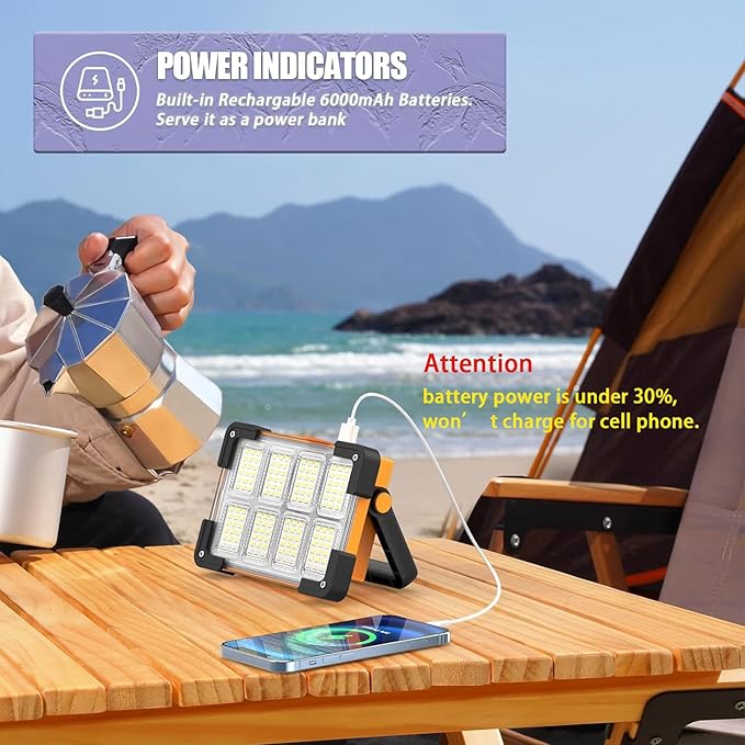 120W Solar Rechargeable Work Light, 144 LED 10000LM Led Work Light with 4 Modes, Portable Flood Light with Stand, IP66 Waterproof Outdoor Working Light for Emergency Mechanic Camping Repair (Yellow)